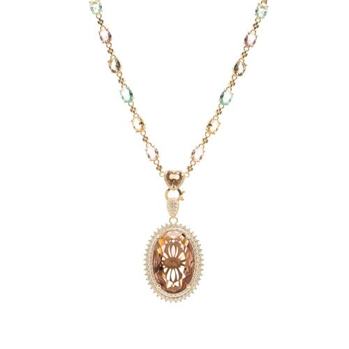 Colar Maxi Oval Cristal Rodolita com Formas em Cristal Citrino e Cristal Paraíba - 50 cm - Banho de Ouro 18k