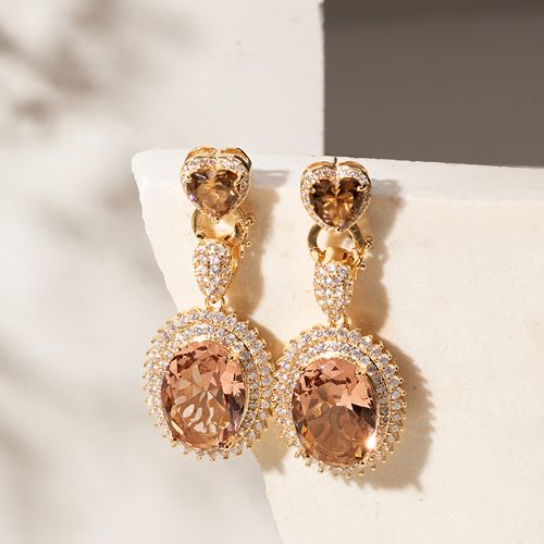 Brinco Maxi Oval Cristal Rodolita com Zircônias Brancas - Banho de Ouro 18k