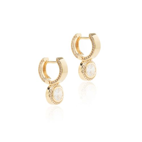 Brinco Argola Click Zircônia Branca Oval Cravejado - Banho de Ouro 18k