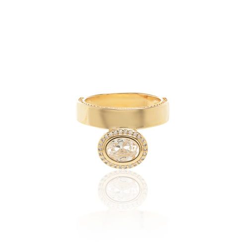 Anel Zircônia Branca Oval Borda Cravejada - Banho de Ouro 18k