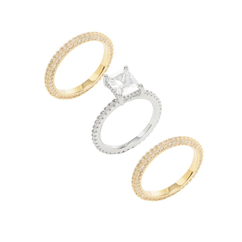 Anel-Solitario-Triplo-Zirconia-Branca-Retangular-com-Aparadores---Banho-de-Ouro-18k-e-Rodio-Branco