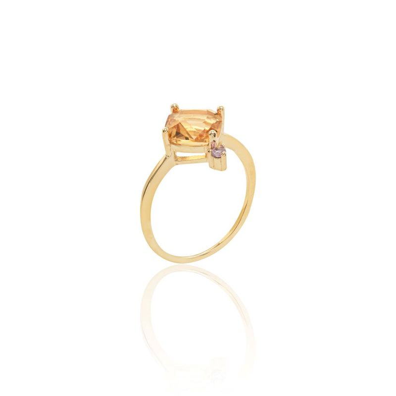 Anel-Quadrado-de-Cristal-Citrino-com-Ponto-de-Zirconia-Rosa---Banho-de-Ouro-18k