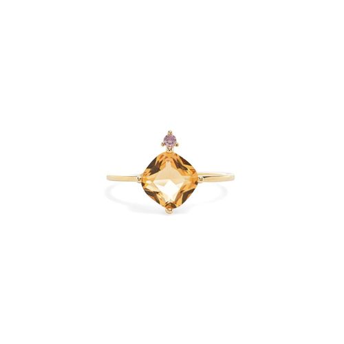 Anel Quadrado de Cristal Citrino com Ponto de Zircônia Rosa - Banho de Ouro 18k