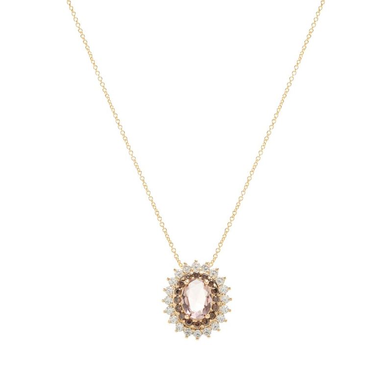 Colar-Oval-com-Cristal-Rodolita-e-Borda-Cravejada-com-Zirconias-Brancas-e-Chocolate---46-cm---Banho-de-Ouro-18k