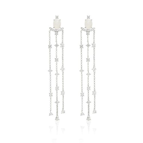 Brinco Versátil Cristal Rutilado Pedra da Lua com Três Fios - Banho de Ródio Branco