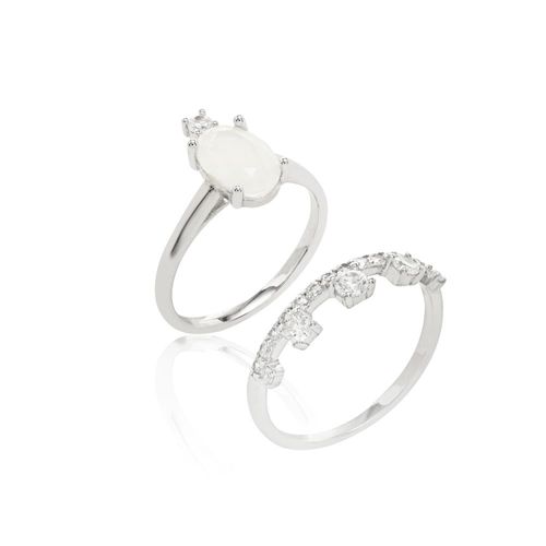 Anel Duplo Cristal Rutilado Pedra da Lua Oval - Banho de Ródio Branco