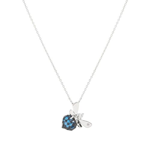 Colar Borboleta Mosaico Cristal Safira Cravação Invisível - 50cm - Banho de Ródio Branco