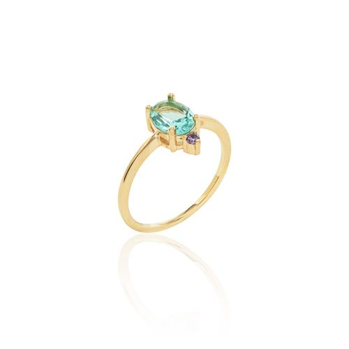 Anel Solitário de Cristal Paraíba e Zircônia Roxa - Banho de Ouro 18k