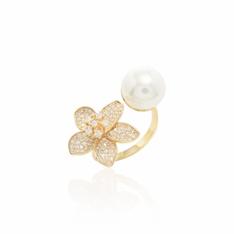 Anel-Perola-Shell-e-Botao-de-Flor-Aro-Aberto---Banho-de-Ouro-18k