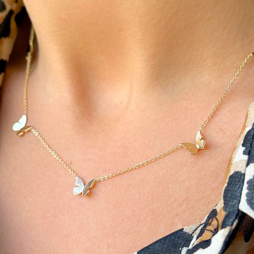 Colar 5 Borboletas com Zircônia Branca - 47 cm - Banho de Ouro 18k