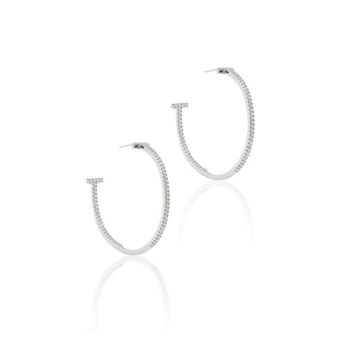 Brinco Argola T Cravejado com Zircônias Brancas - Prata 925 Banhada em Ródio Branco