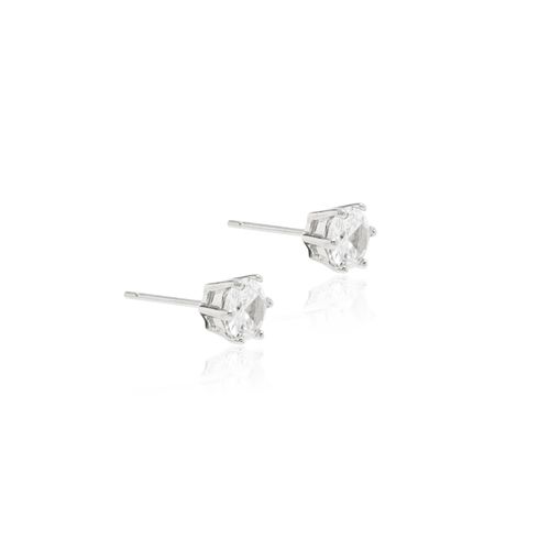 Brinco Redondo Zircônia Branca 6mm Cravação em Garras - Prata 925 Banhada em Ródio Branco