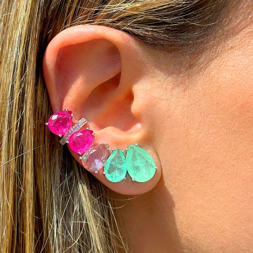 Brinco Ear Cuff Gotas de Fusion Turmalina Rosa, Fusion Esmeralda Colombiana e Cristal Rodolita - Prata 925
