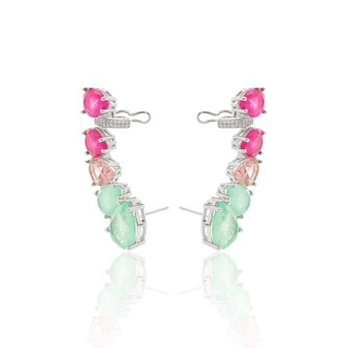 Brinco Ear Cuff Gotas de Fusion Turmalina Rosa, Fusion Esmeralda Colombiana e Cristal Rodolita - Prata 925