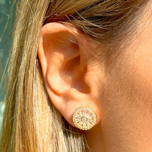 Brinco pizza zircônia branca 14mm banho de ouro 18k nano gold