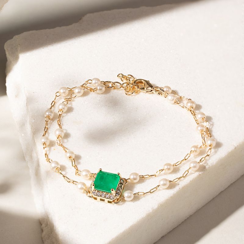 Pulseira-Fusion-Esmeralda-Quadrado-com-Fio-de-Perolas-Barrocas---18cm---Banho-de-Ouro-18k