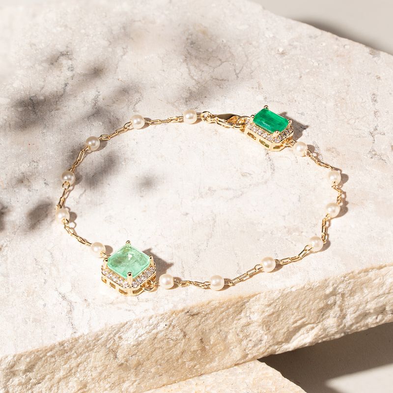 Pulseira-Fusion-Esmeralda-e-Fusion-Esmeralda-Colombiana-em-Formas-Fio-de-Perolas-Barrocas---16cm---Banho-de-Ouro-18k