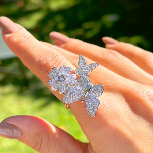 Anel Borboletas e Flores com Zircônias Brancas - Banho de Ródio Branco