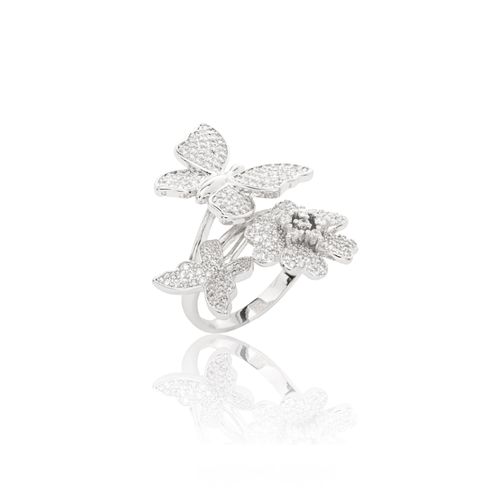 Anel Borboletas e Flores com Zircônias Brancas - Banho de Ródio Branco