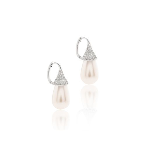 Brinco Argola Click Pêndulo de Pérola Shell - Banho de Ródio Branco