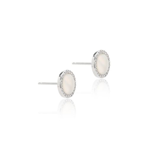 Brinco Madrepérola Redondo com Zircônias Brancas - Banho de Ródio Branco