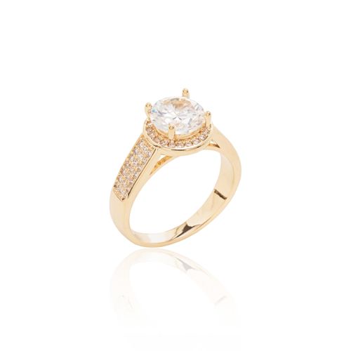 Anel Solitário Redondo Com Zircônia Branca 8mm Lateral Cravejada - Banho de Ouro 18k