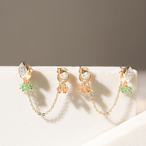 Brinco Ear Chain Zircônia Branca Gota e Redondo com Cristal Morganita e Cristal Berilo - Banho de Ouro 18k