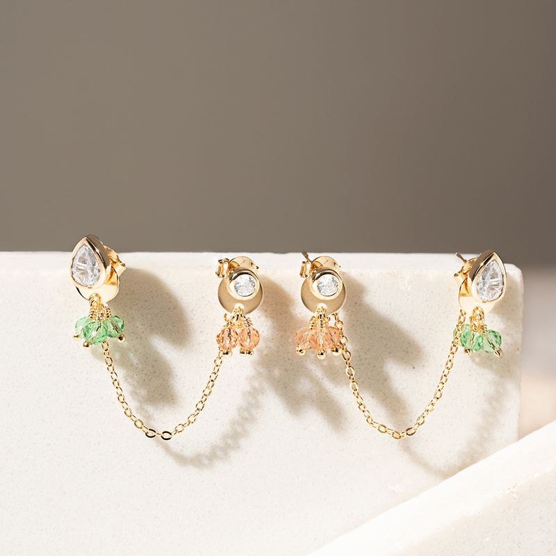 Brinco-Ear-Chain-Zirconia-Branca-Gota-e-Redondo-com-Cristal-Morganita-e-Cristal-Berilo---Banho-de-Ouro-18k