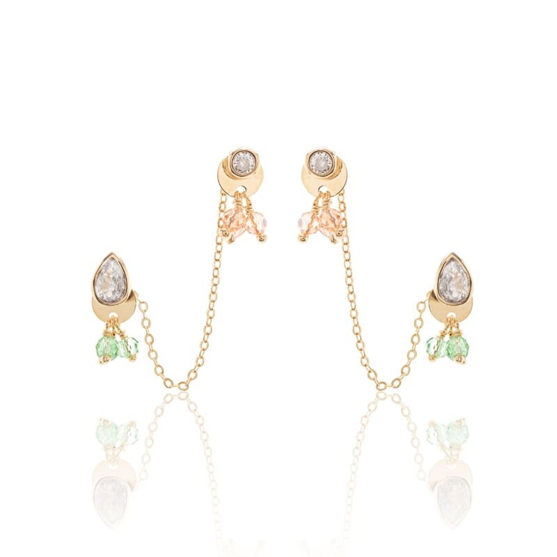 Brinco-Ear-Chain-Zirconia-Branca-Gota-e-Redondo-com-Cristal-Morganita-e-Cristal-Berilo---Banho-de-Ouro-18k