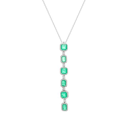 Colar Gravatinha Fusion Esmeralda Cravejado com Zircônias Brancas - 50cm - Banho de Ródio Branco