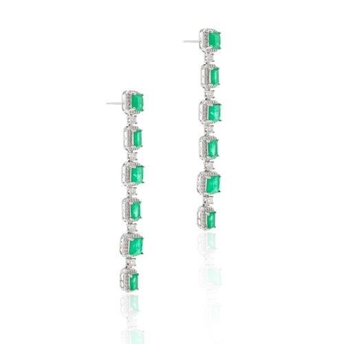 Brinco Longo Fusion Esmeralda com Zircônias Brancas - Banho de Ródio Branco