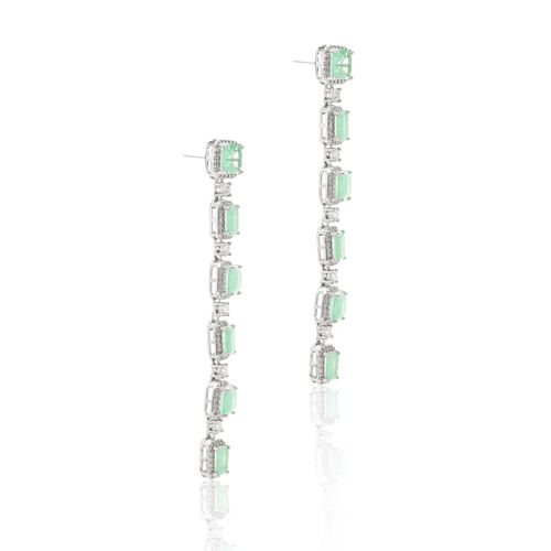 Brinco Longo de Fusion Esmeralda Colombiana Cravejado com Zircônias Brancas - Banho de Ródio Branco