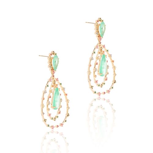 Brinco Gota Fusion Esmeralda Colombiana com Zircônias Coloridas