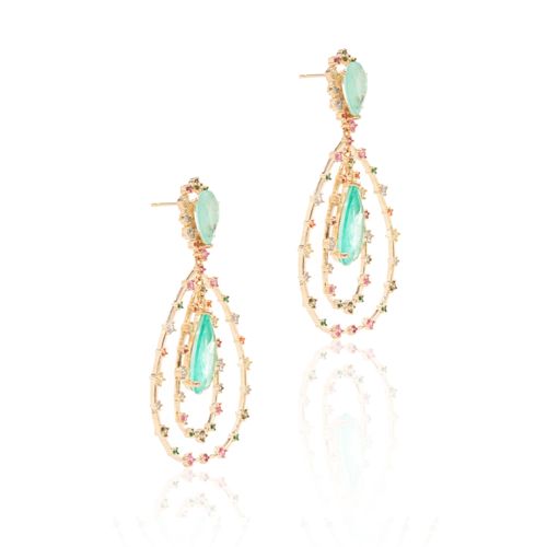 Brinco Gota Fusion Turmalina com Zircônias Coloridas - Banho de Ouro 18k