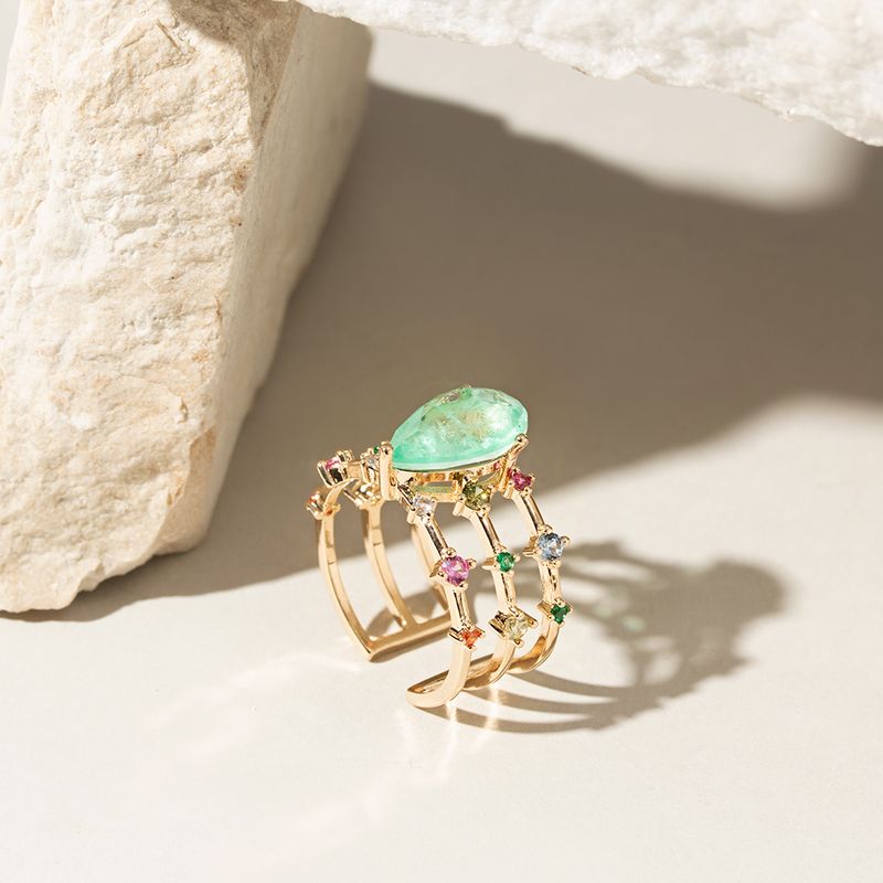Anel-Gota-Fusion-Esmeralda-Colombiana-com-Zirconias-Coloridas---Banho-de-Ouro-18k