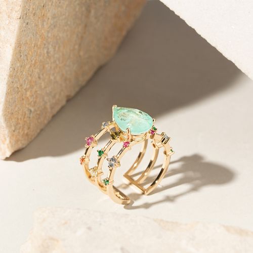 Anel Gota Fusion Turmalina com Zircônias Coloridas - Banho de Ouro 18k