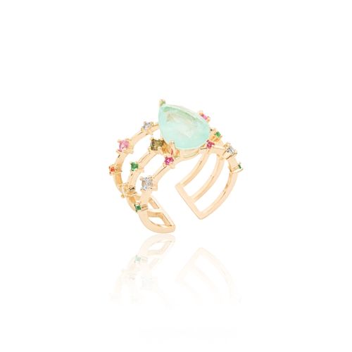 Anel Gota Fusion Turmalina com Zircônias Coloridas - Banho de Ouro 18k