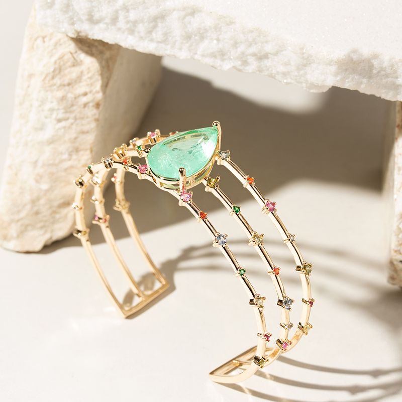 Bracelete-Gota-Fusion-Esmeralda-Colombiana-com-Zirconias-Coloridas---Banho-de-Ouro-18k