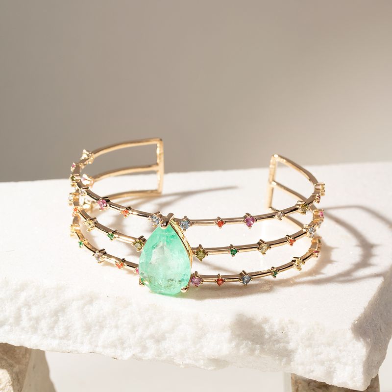 Bracelete-Gota-Fusion-Esmeralda-Colombiana-com-Zirconias-Coloridas---Banho-de-Ouro-18k