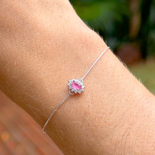 Pulseira com Mini Ovalzinho de Cristal Rubi - 19 cm - Prata 925