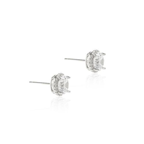 Brinco Redondo com Zircônia Branca 7,5 mm Lapidada em Brilhante com Cravação Halo - Prata 925