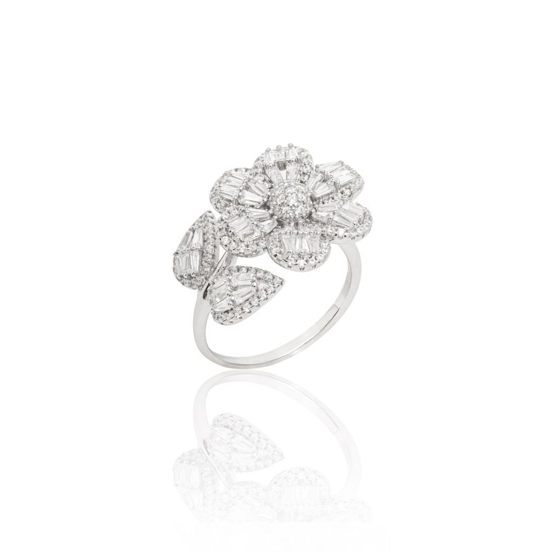 Anel-Flor-e-Folhas-com-Zirconias-Brancas-Baguete---Prata-925