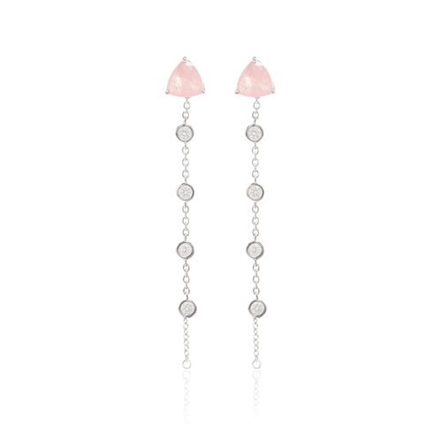 Brinco Ear Chain Fusion Quartzo Rosa Top Triângulo com Zircônias Brancas - Prata 925