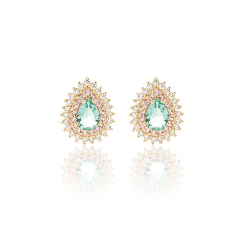 Brinco-Gota-com-Cristal-Paraiba-e-Borda-Cravejada-com-Zirconia-Branca-e-Rosa---Banho-de-Ouro-18k