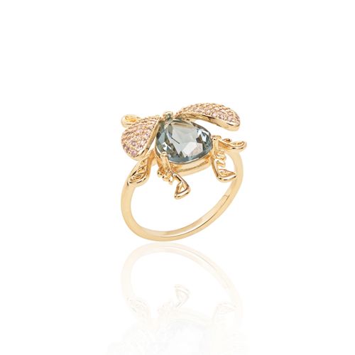 Anel Bug com Cristal London Blue e Zircônias Rosas - Banho de Ouro 18k