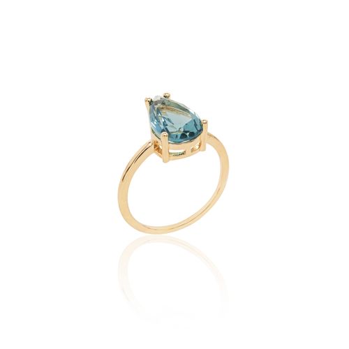 Anel Gota com Cristal London Blue - 7x11 mm - Banho de Ouro 18k