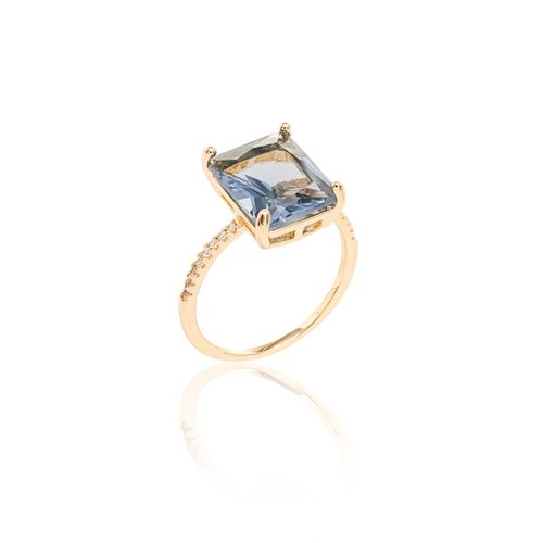 Anel Retângulo com Cristal London Blue - Banho de Ouro 18k