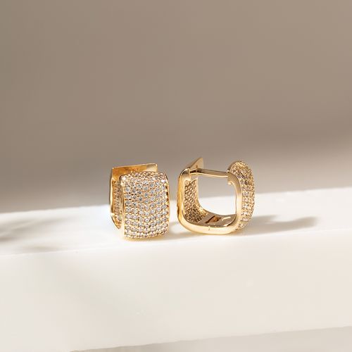 Brinco Argola Quadrada Cravejado com 7 Linhas de Zircônias Brancas - Banho de Ouro 18k