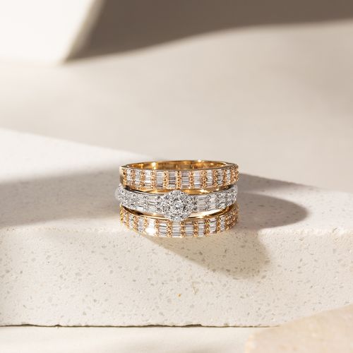 Anel Trio Branco e Dourado Cravejado com Zircônias Brancas - Banho de Ouro 18k e Ródio Branco