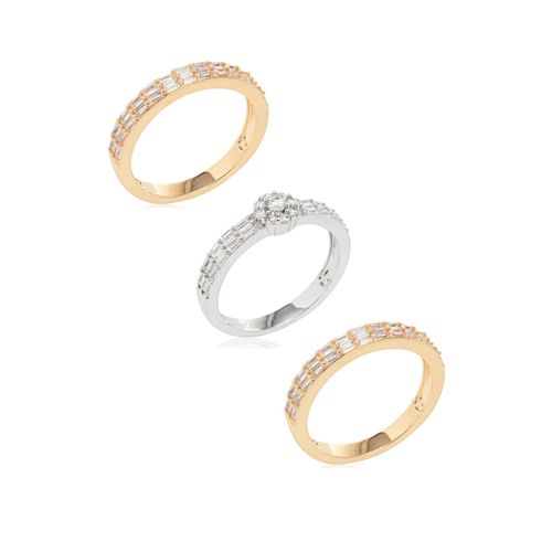 Anel Trio Branco e Dourado Cravejado com Zircônias Brancas - Banho de Ouro 18k e Ródio Branco